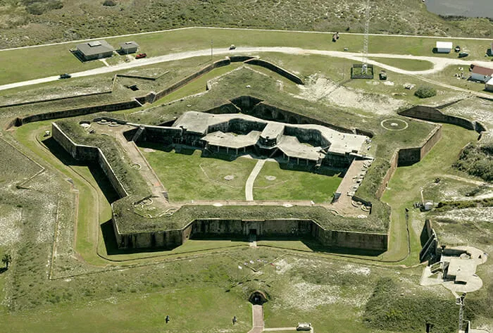 Aerial shot of a pentagon shaped military fort